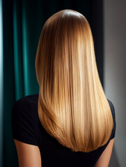Naklejka premium Back view of woman with long straight blonde hair, smooth and glossy texture, healthy shine and natural color, minimalist studio portrait, haircare, beauty and fashion concept