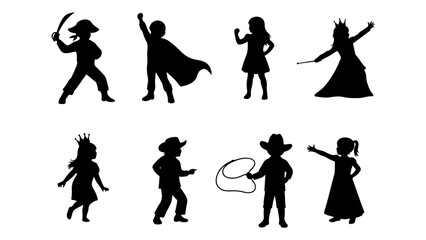 Obraz premium Children in costumes silhouettes set. Kids dressed as pirate, superhero, strongman, princess, and cowboy. Black vector illustration.