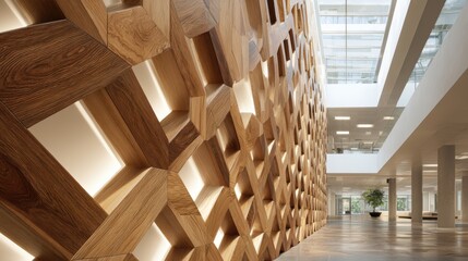 Architectural Harmony: A modern interior space showcasing the unique wooden wall with intricate geometric patterns and warm illumination, creating a blend of artistry and design.