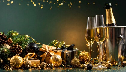 Elegant New Year's and Christmas celebration with champagne, gifts, and festive gold and black decorations.