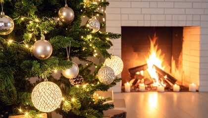 Festive Christmas Tree with Glowing Lights and Ornaments Next to a Cozy Fireplace