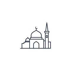 Simple line drawing of a mosque with a dome and minaret.