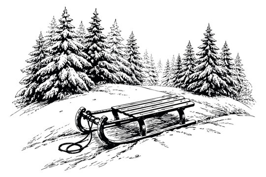 Hand drawn line art illustration of a winter landscape depicting a wooden sledge in a snowy forest for seasonal designs