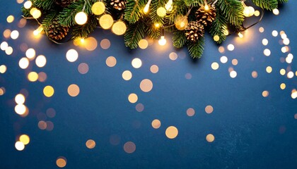 Festive Christmas garland with pine cones and glowing string lights on a dark blue background