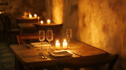 Romantic Candlelit Dinner Table Setting with Champagne Glasses and Soft Lighting