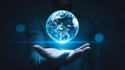 Glowing Earth Above Hand in Futuristic Scene Symbolizing Global Technology and Unity