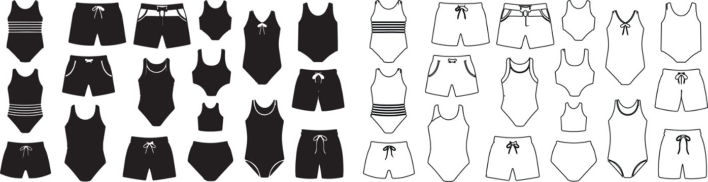 Collection of Swimwear Vector Icons with Black Filled and Outline Styles isolated PNG with Transparent Background