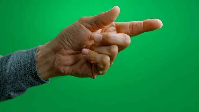 Close-up of a person's hand pointing towards an indeterminate object in a bright setting