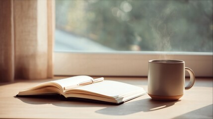 Open notebook with pen and a steaming coffee cup on a desk near a window, soft natural light and copy space for planning, writing, or daily routine concepts.