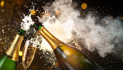 Champagne bottles popping with splashes and festive golden bokeh lights