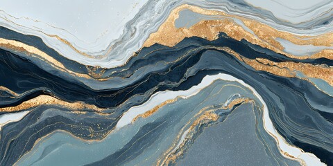 Abstract marbled pattern with blue white black and gold veining
