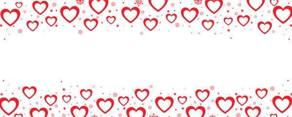 Vibrant double-row seamless border featuring clusters of red and pink hearts interspersed with sparkling white snowflakes and stars on a transparent background. Ideal for Valentine's Day greetings. © bibin