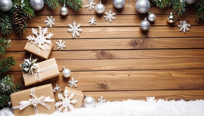 Christmas holiday background with gift boxes, silver ornaments, pine branches, and snow on rustic wooden planks.