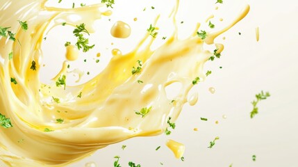 Creamy Hollandaise Sauce Splashing with Fresh Parsley on a White Background