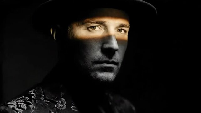 Brooding Man in Fedora and Floral Jacquard Suit with Dramatic Slit of Light
