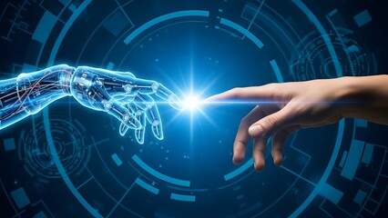 Human and Robotic Hands Reaching Toward Connection in Futuristic AI Interface Scene