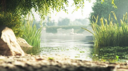 Serene Waterside Scene with Lush Greenery and Soft, Atmospheric Haze