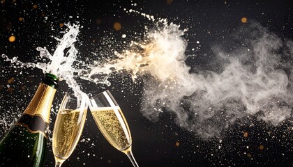 Champagne bottle exploding with a celebratory splash while two glasses toast on a dark, festive background.
