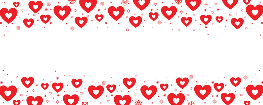 Vibrant double-row seamless border featuring clusters of red and pink hearts interspersed with sparkling white snowflakes and stars on a transparent background. Ideal for Valentine's Day greetings.