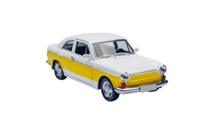 A small white and yellow vehicle with black tires is displayed against a plain white backdrop in a centered and isolated presentation