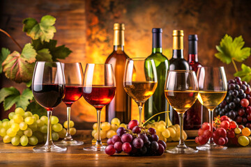 Glasses of wine, a bunch of grapes by candlelight.A pleasant good evening