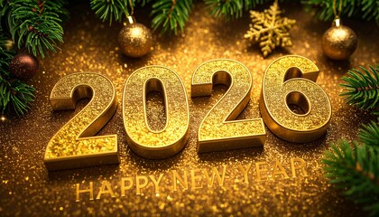 Golden glitter 2026 numbers with Christmas tree branches, ornaments, and "Happy New Year" text, celebrating the upcoming year.