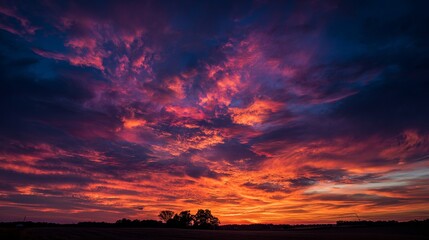Dramatic Sunset Sky with Vibrant Clouds and Silhouetted Trees