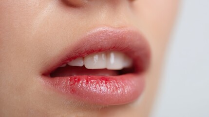 Obraz premium Close-up photograph of a young woman's mouth showing inflamed red gums with light bleeding on a white background