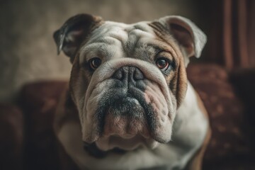 Closeup portrait of a bulldog with direct gaze and soft natural lighting