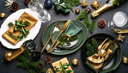 Elegant Christmas Table Setting with Golden Cutlery, Green Plates, and Festive Decorations, Top View