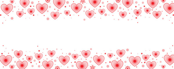 Vibrant double-row seamless border featuring clusters of red and pink hearts interspersed with sparkling white snowflakes and stars on a transparent background. Ideal for Valentine's Day greetings. © bibin