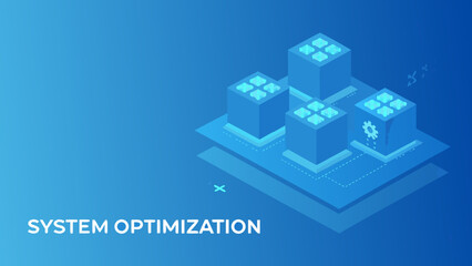 Flat vector illustration of system optimization with cubes and gear on blue background