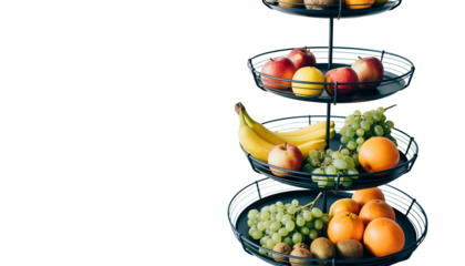 A tiered fruit stand holds various fruits including bananas, apples, oranges, and other produce in metal wire baskets on white background PNG