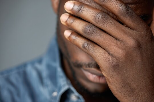 Close-up portrait of a young man in a blue shirt showing a face-palm gesture and a stressed expression