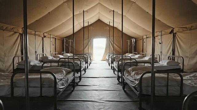Military Tent Hospital Footage Showing Rows of Beds and Medical Equipment Inside a Large Canvas Structure