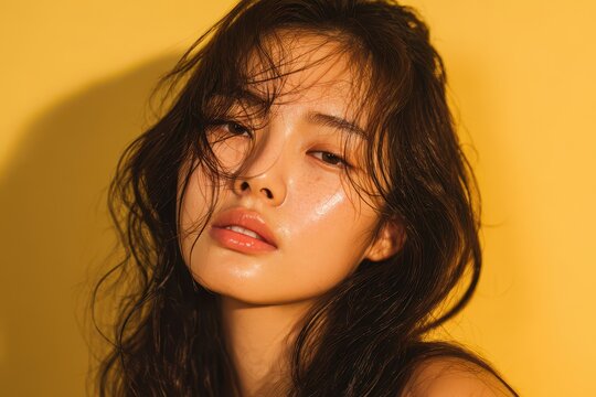 Close-up portrait with flushed cheeks and sweat beads under warm studio lighting on a bright yellow background
