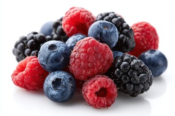 Close-up studio photograph of raspberries, blueberries and blackberries on white backdrop