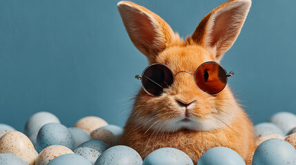 Cute orange bunny in sunglasses with Easter eggs on blue background