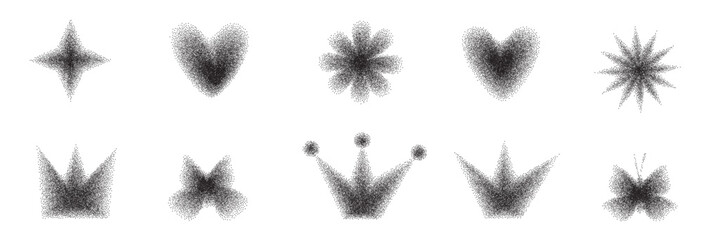 Y2k icons with noise grain gradient shapes. Black halftone gradation illustration butterfly, heart, crown and flowers. Vector simple forms. Twinkle star and blink dots effect.