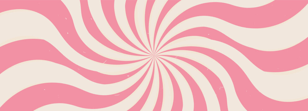 Groovy twisted pink starburst background. Retro spiral sun rays abstract illustration. Vector wavy dynamic lines decoration. Radial carnival stripes vintage backdrop. Sunburst 70s pop art design.