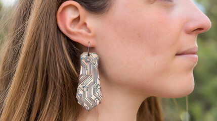 materialization. Elegant minimalist earrings with glowing embedded circuit pattern, fusion of fashion and technology. symbolizing technological progress and responsible innovation.