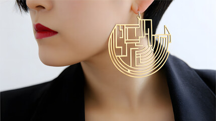 materialization. Elegant minimalist earrings with glowing embedded circuit pattern, fusion of fashion and technology. symbolizing technological progress and responsible innovation.