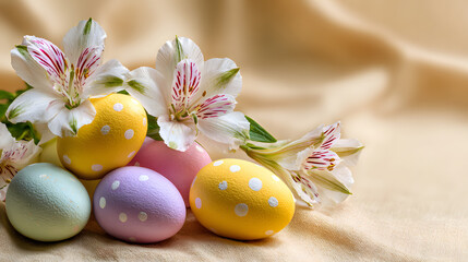 A background image with Easter greetings, decorated with Easter eggs and flowers in soft yellow tones
