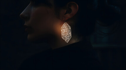 materialization. Elegant minimalist earrings with glowing embedded circuit pattern, fusion of fashion and technology. symbolizing technological progress and responsible innovation.