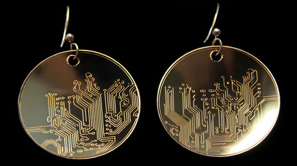 materialization. Elegant minimalist earrings with glowing embedded circuit pattern, fusion of fashion and technology. symbolizing technological progress and responsible innovation.