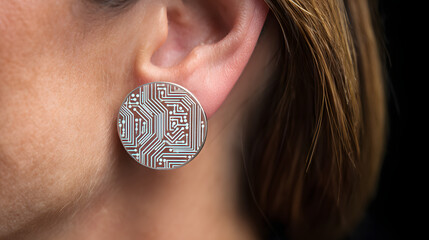 materialization. Elegant minimalist earrings with glowing embedded circuit pattern, fusion of fashion and technology. symbolizing technological progress and responsible innovation.