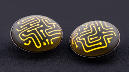 materialization. Elegant minimalist earrings with glowing embedded circuit pattern, fusion of fashion and technology. symbolizing technological progress and responsible innovation.