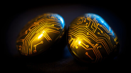 materialization. Elegant minimalist earrings with glowing embedded circuit pattern, fusion of fashion and technology. symbolizing technological progress and responsible innovation.