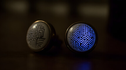 materialization. Elegant minimalist earrings with glowing embedded circuit pattern, fusion of fashion and technology. symbolizing technological progress and responsible innovation.