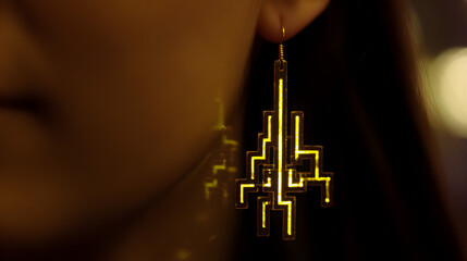 materialization. Elegant minimalist earrings with glowing embedded circuit pattern, fusion of fashion and technology. symbolizing technological progress and responsible innovation.